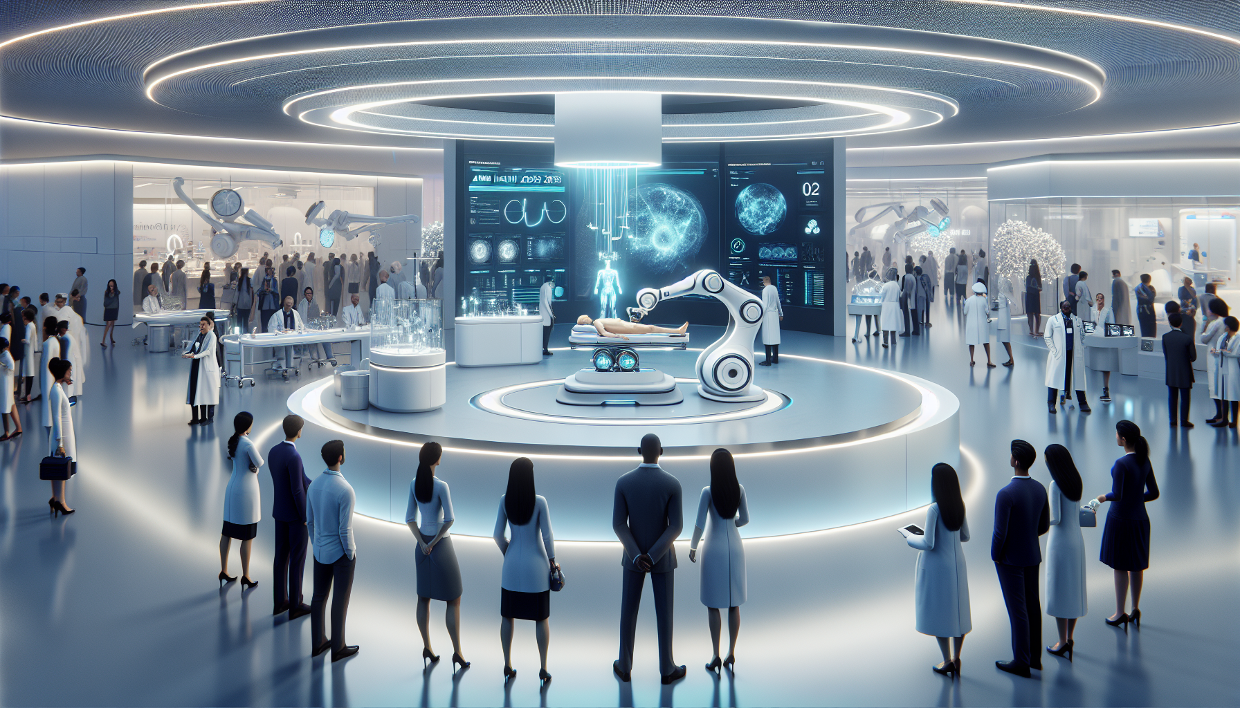 Conférence de santé Arab Health 2025 présentant des technologies innovantes telles que la nanomédecine, l'intelligence artificielle et la robotique.