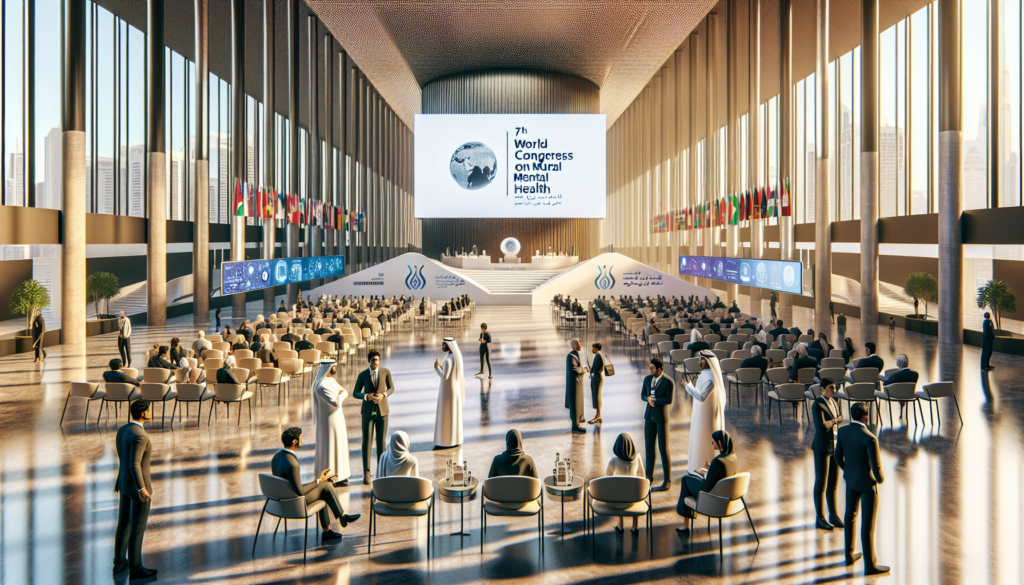 Grande salle de conférence à Dubaï durant le 7ème Congrès Mondial sur la Santé Mentale, avec des délégués internationaux en discussion et des affichages numériques.