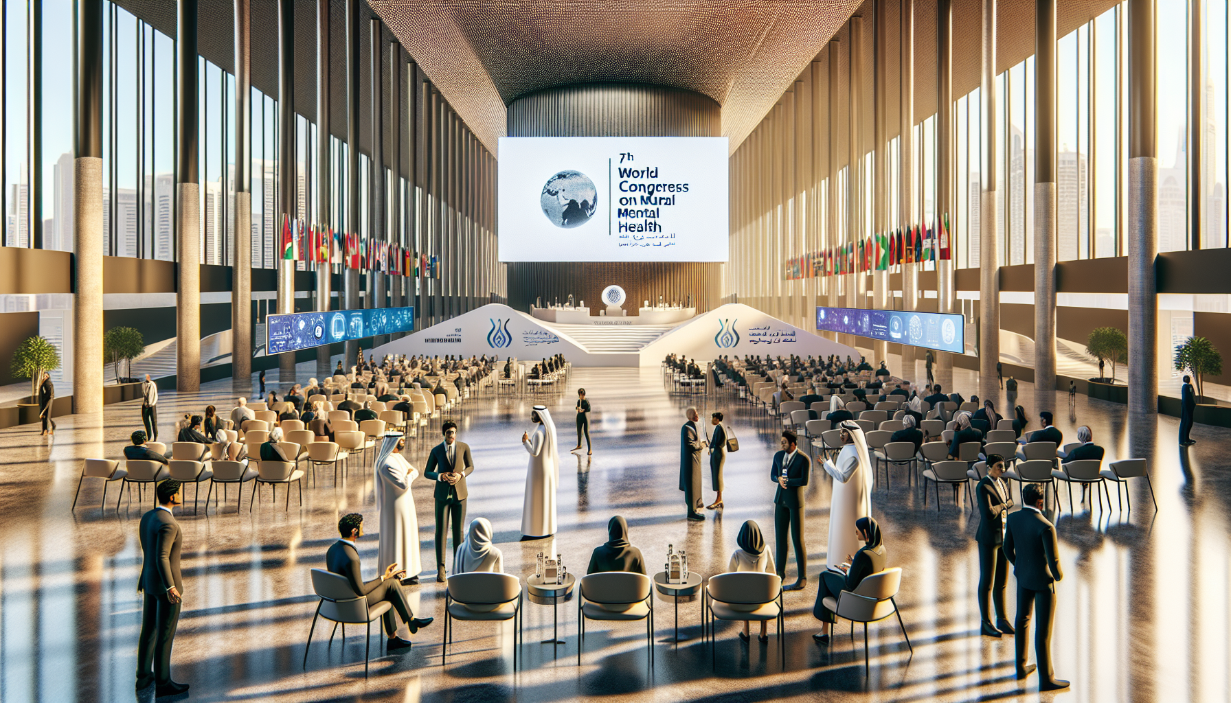 Grande salle de conférence à Dubaï durant le 7ème Congrès Mondial sur la Santé Mentale, avec des délégués internationaux en discussion et des affichages numériques.