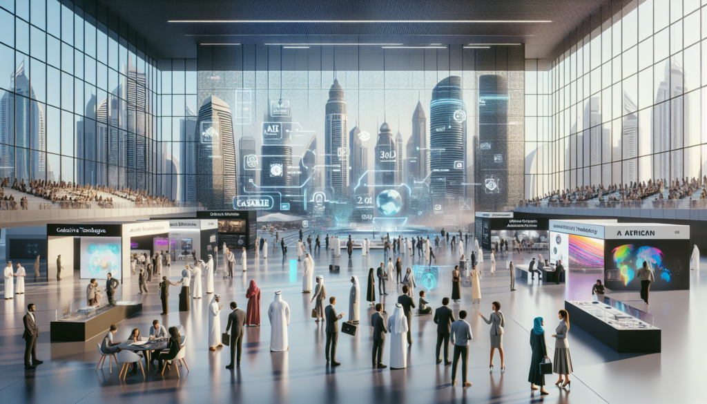 Scène dynamique au convention center de Dubai avec des professionnels créatifs utilisant des outils d'intelligence artificielle avancés.