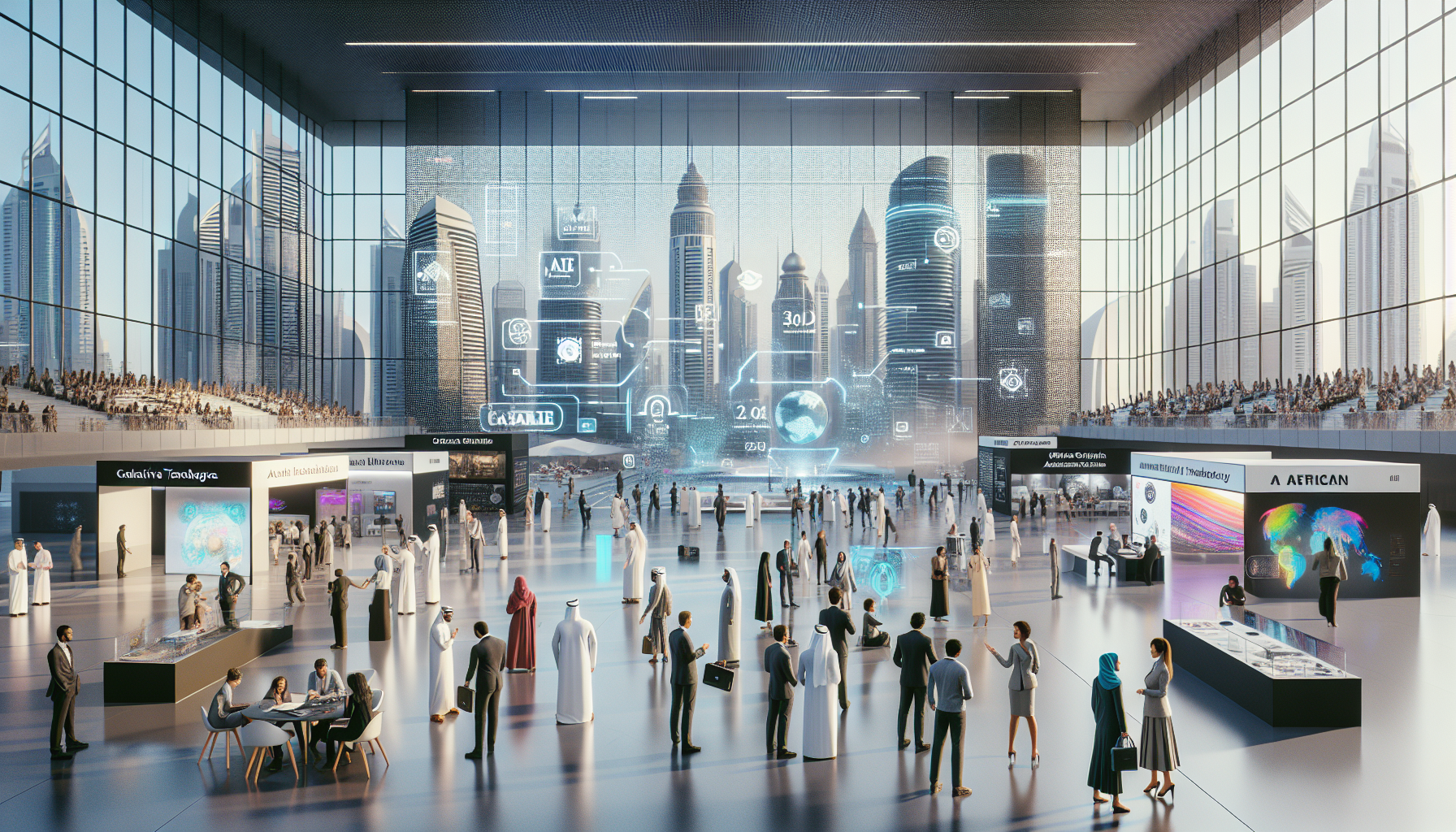 Scène dynamique au convention center de Dubai avec des professionnels créatifs utilisant des outils d'intelligence artificielle avancés.
