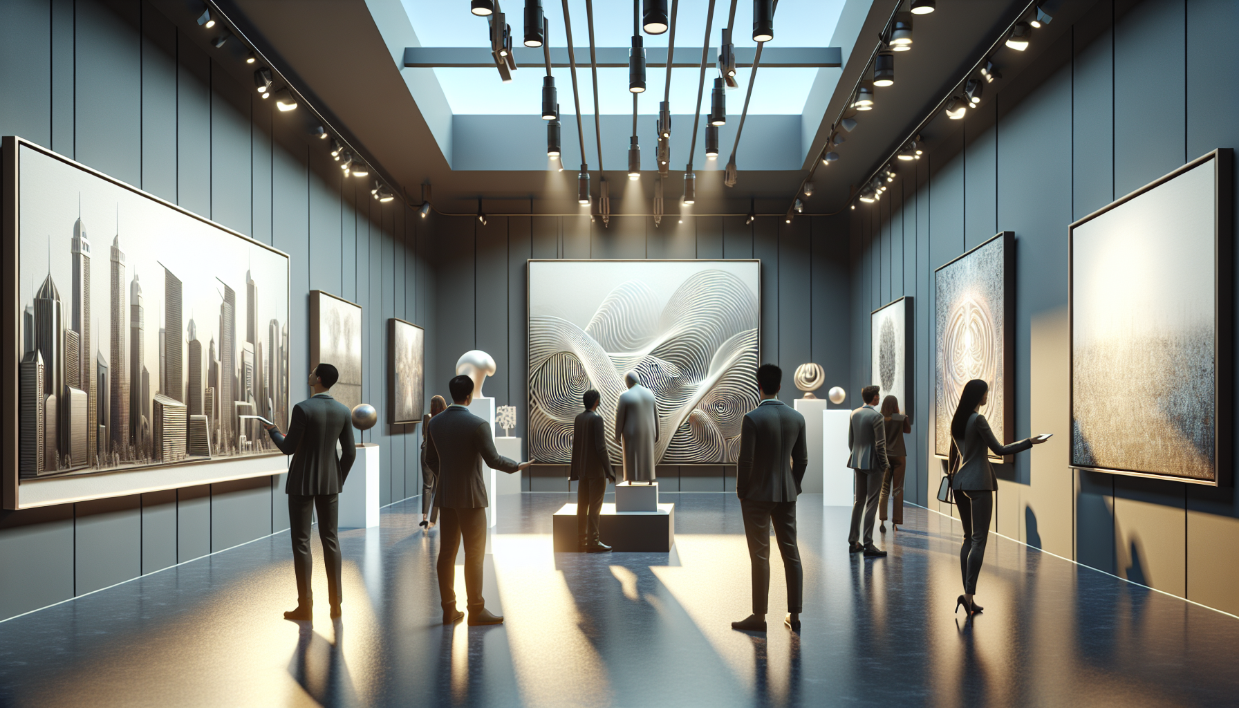 Contemporary art exhibition in Dubai showcasing innovative local artworks with a vibrant atmosphere.