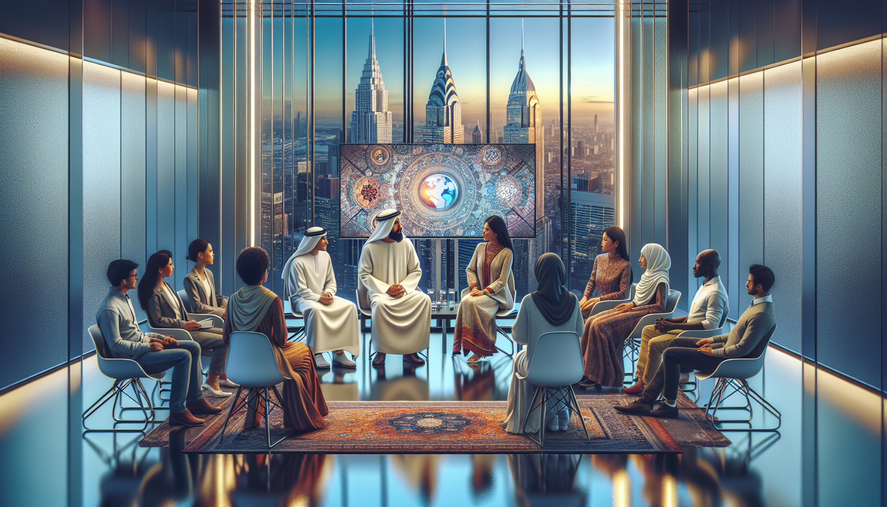 A modern conference room in Dubai featuring a diverse group discussing mental health awareness with a view of the skyline.