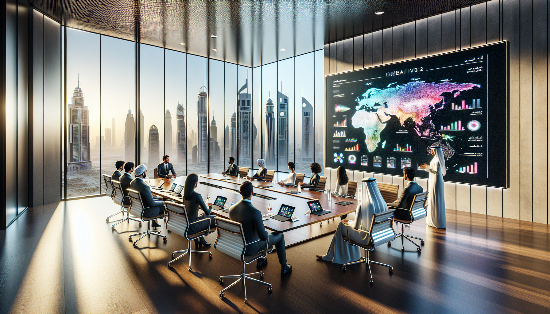 Modern conference room in Dubai showcasing a diverse group discussing mental health initiatives with digital tablets and a vibrant projection.