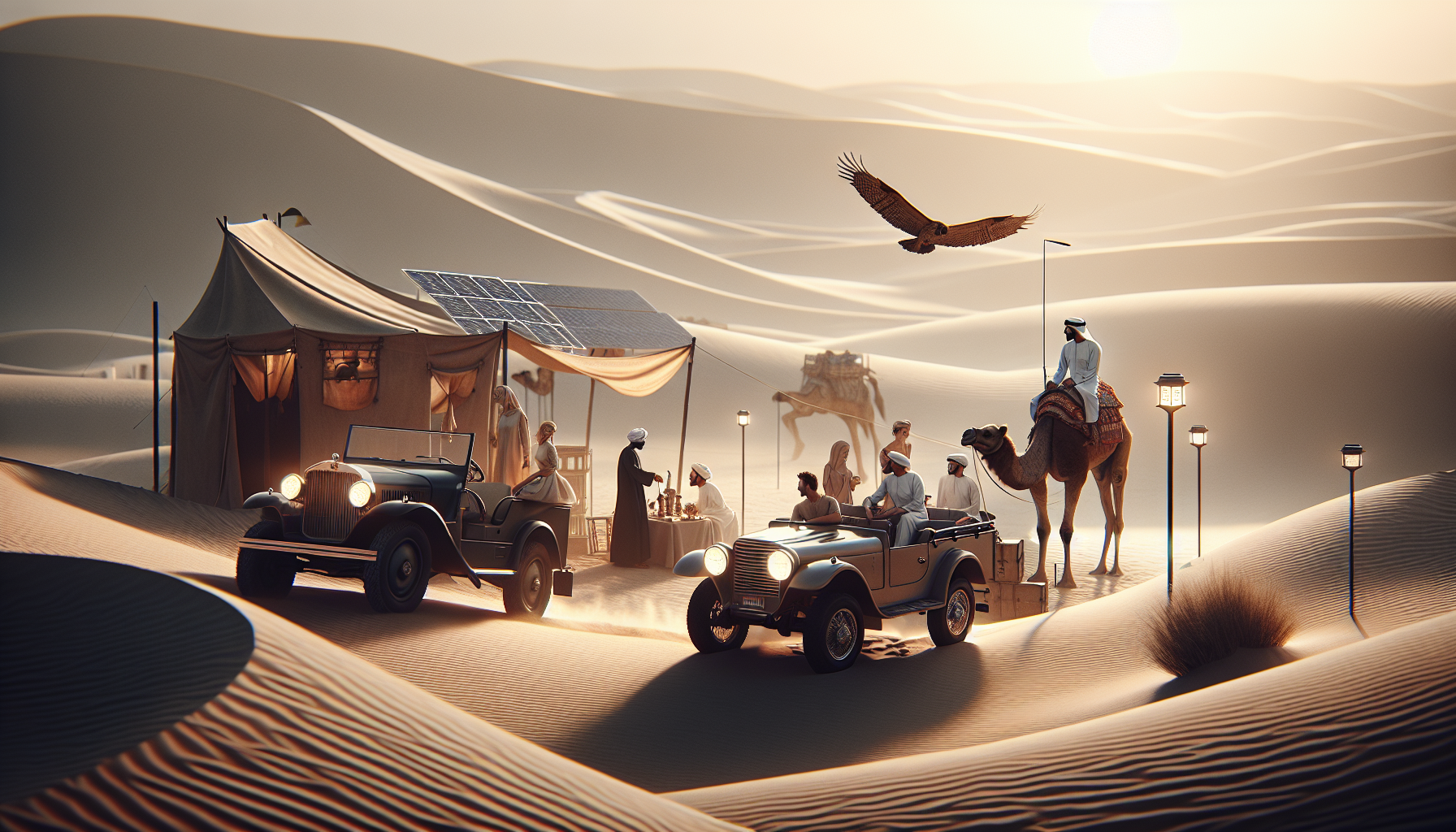 Eco-friendly safari in the Dubai desert with a vintage vehicle, tourists, a Bedouin camp with solar panels, and a falconer showcasing a falcon at sunset.