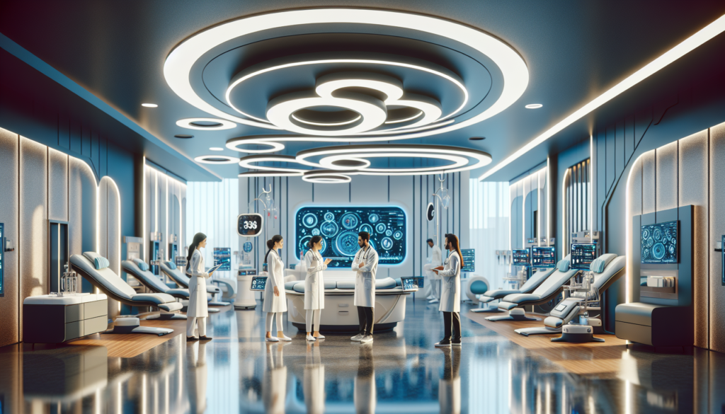 Futuristic diabetes center in Dubai featuring advanced medical facilities and healthcare professionals interacting with a patient.