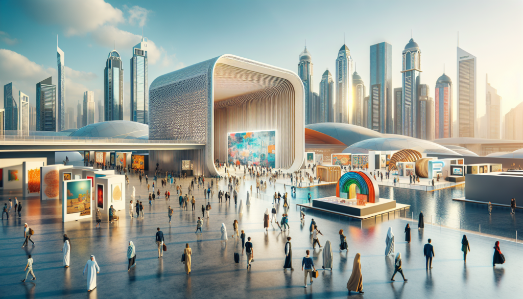 Vibrant art exhibition at Dubai Expo City showcasing interactive installations and contemporary artworks by local and international artists.