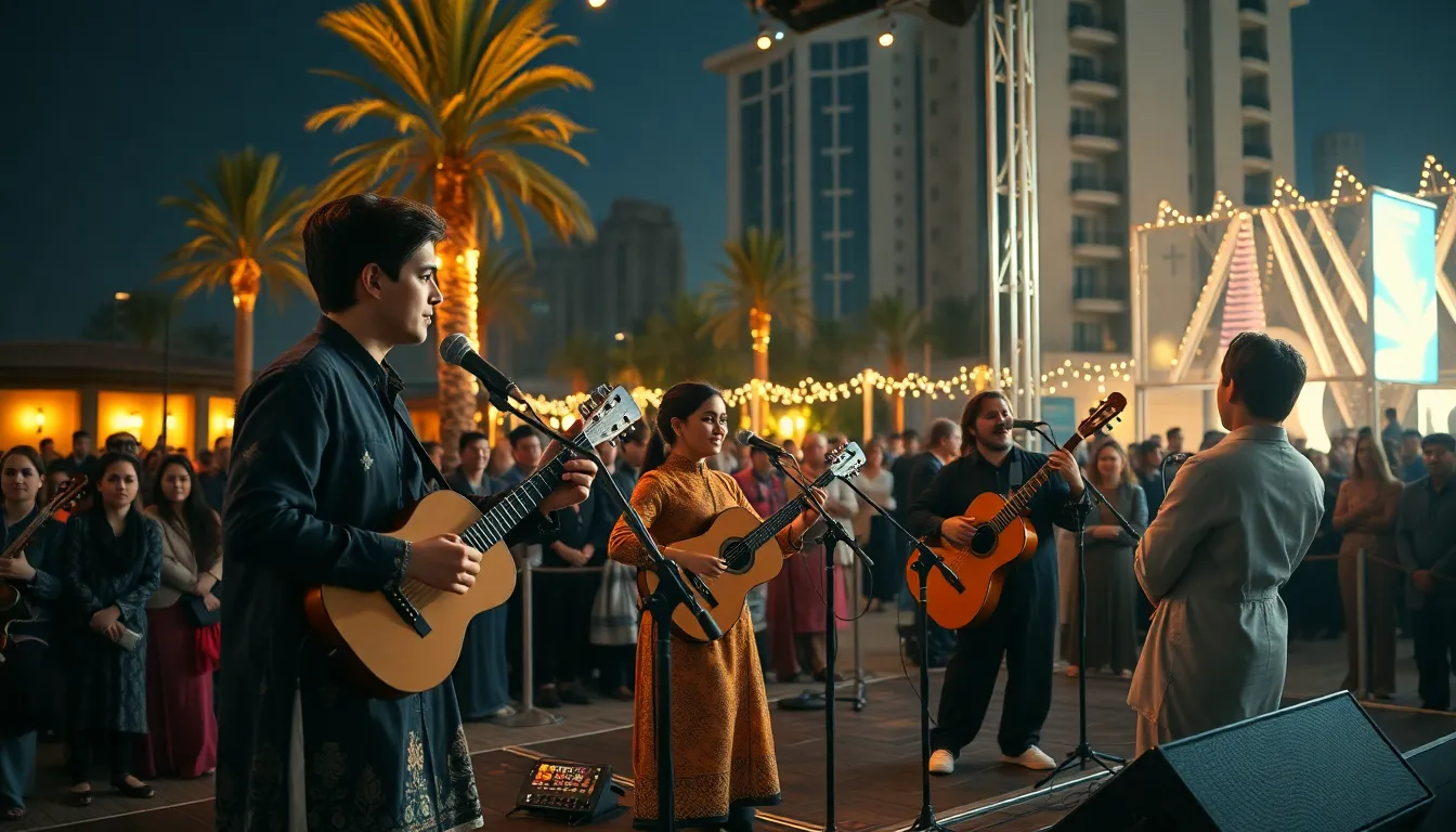 Young musicians performing on an outdoor stage in Dubai, surrounded by a lively audience, featuring traditional and modern clothing with warm evening lights.