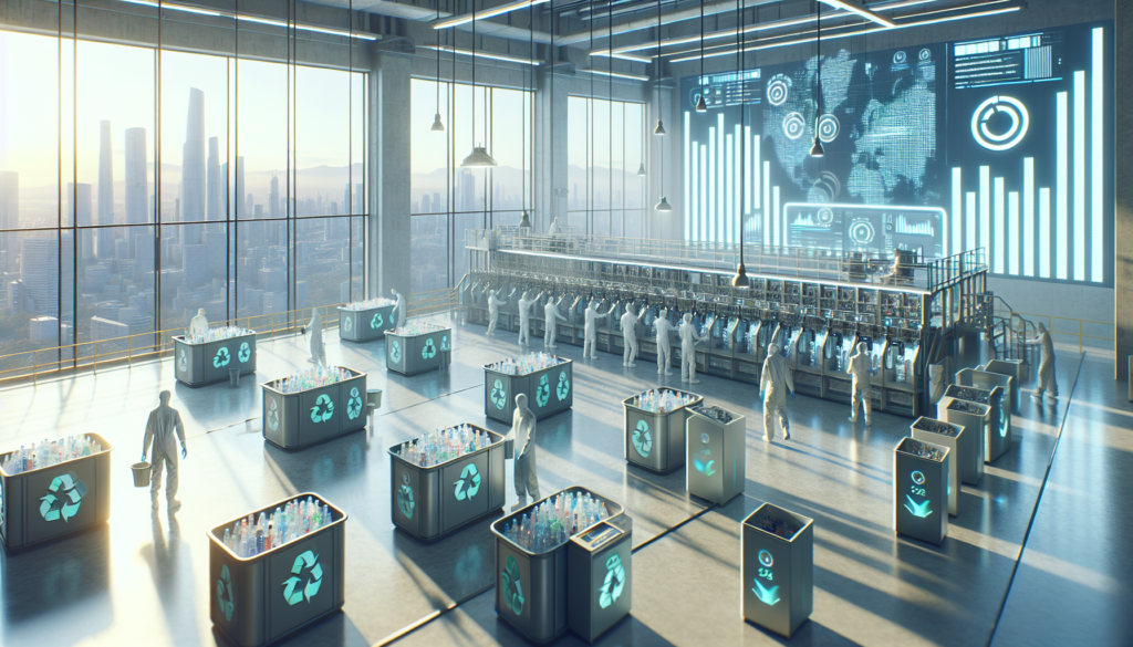 A futuristic recycling facility in Dubai with high-tech machinery sorting plastic bottles, highlighting the city's sustainability initiative.