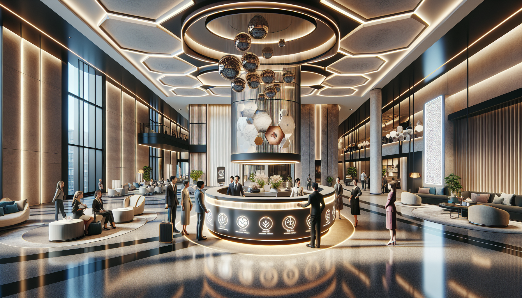 Luxurious hotel lobby in Dubai with a modern reception desk, diverse guests interacting with staff, and digital kiosks for loyalty programs.