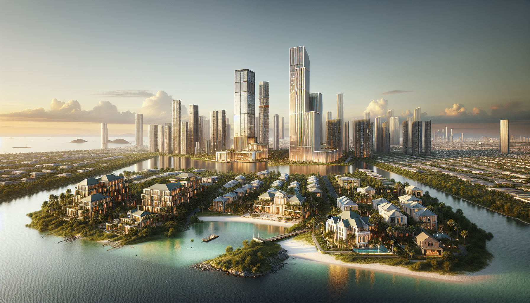 Panoramic view of Dubai featuring luxury hotels like Sofitel Dubai The Palm, Taj Dubai Burj Khalifa, and NH Collection Dubai, illuminated by the golden sunset.