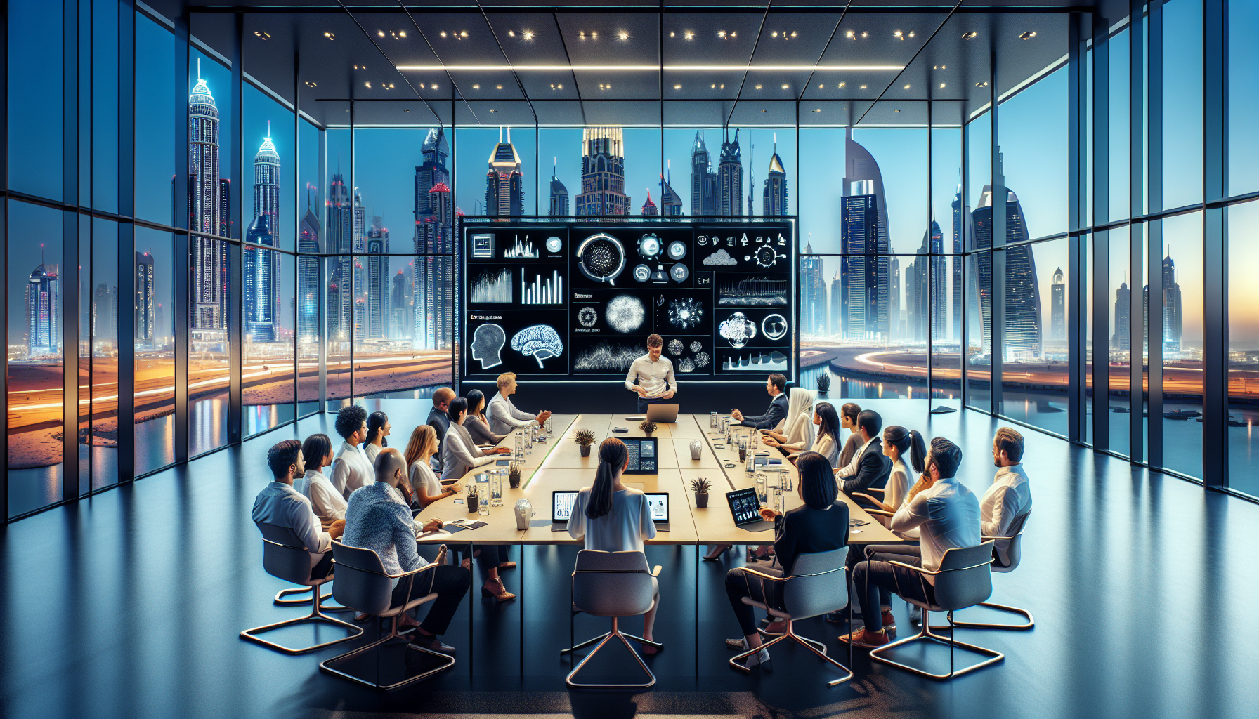 Mental health professionals engaged in a workshop in a modern conference room in Dubai, discussing cognitive psychology and stress management.