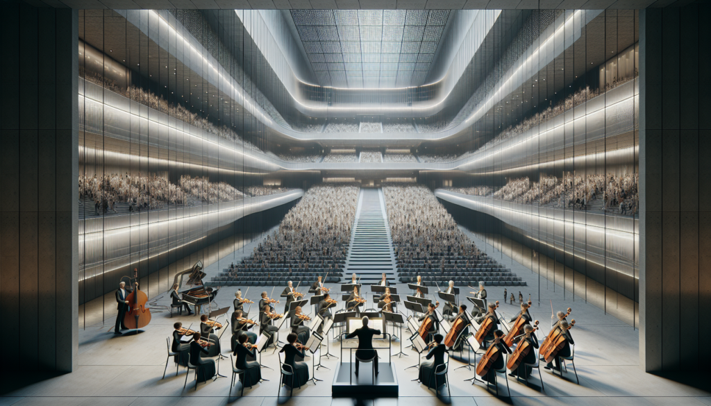 Concert at Dubai Opera featuring Teatro alla Scala orchestra with musicians in elegant attire and a modern architectural backdrop.
