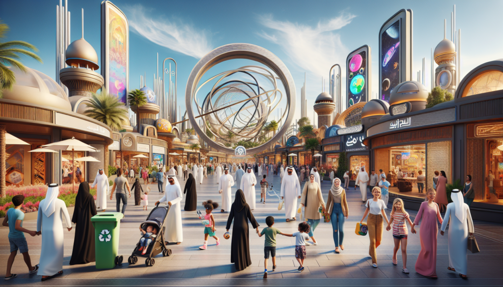 Scène captivante montrant la collaboration entre Dubai Parks et Resorts et Global Village, avec une entrée de parc futuriste et des visiteurs profitant de leur journée.