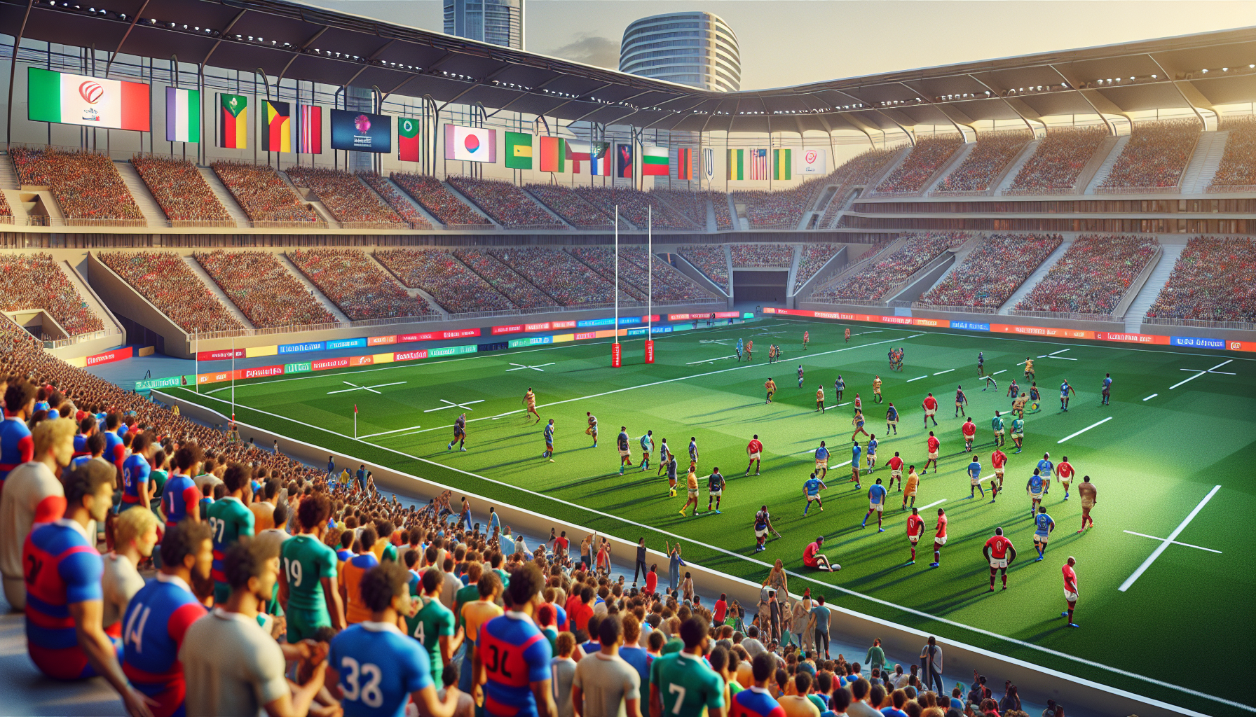 Vibrant scene from the Dubai Rugby Sevens 2024 event showcasing players from various international teams, a bustling crowd, and the modern skyline.
