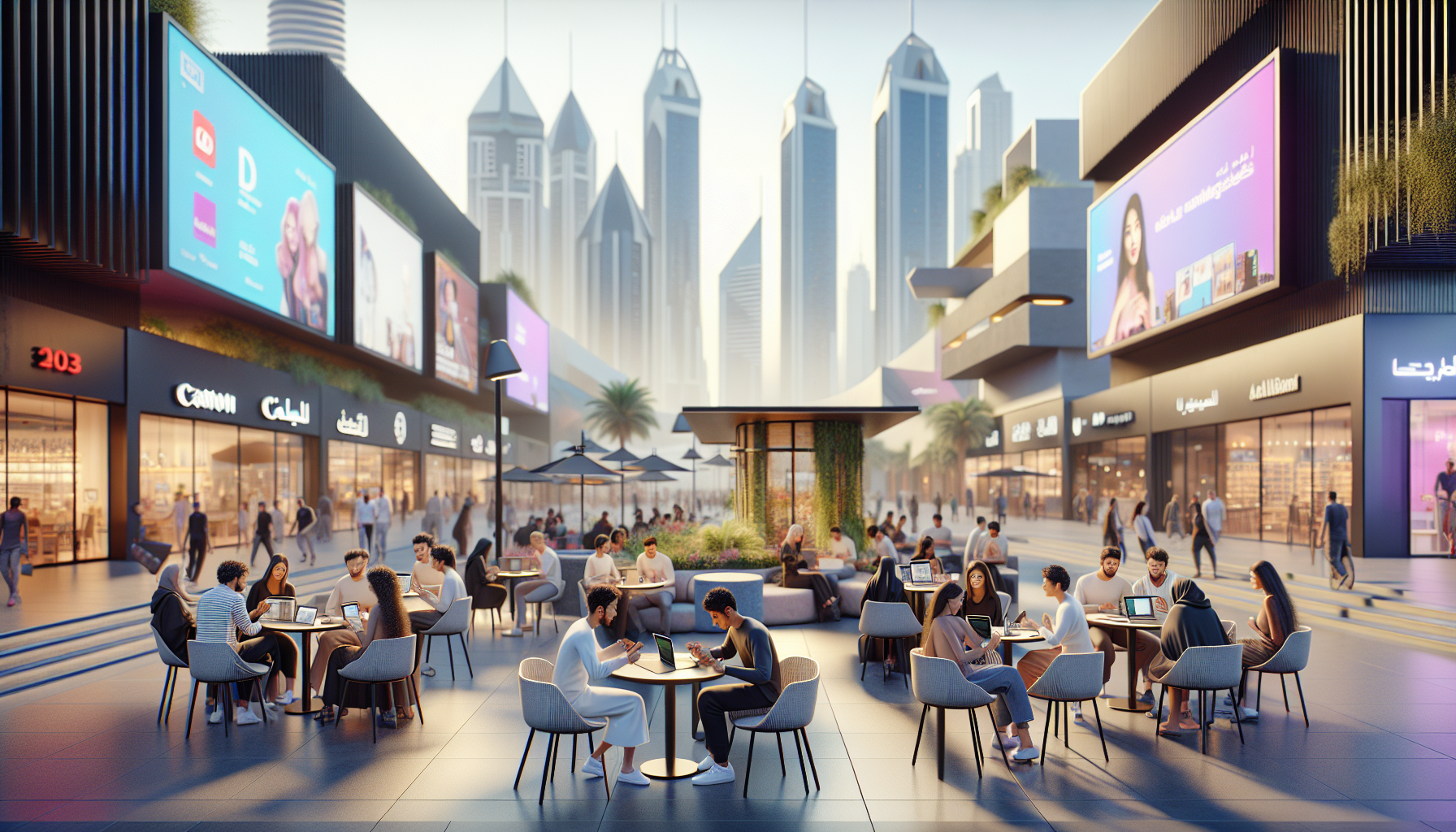 Bustling urban street scene in Dubai showcasing young individuals engaged in e-commerce activities with modern laptops and digital billboards.