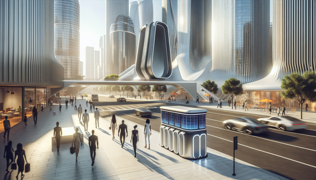 Vue d'une ville futuriste à Dubaï avec des conteneurs de déchets intelligents sur le trottoir, intégrant des panneaux solaires et une ambiance moderne.