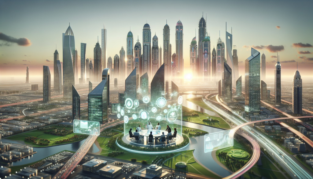 Vue d'un paysage urbain futuriste de Dubaï au coucher de soleil, mettant en avant des gratte-ciels modernes avec des espaces verts et des hologrammes de données interactifs.