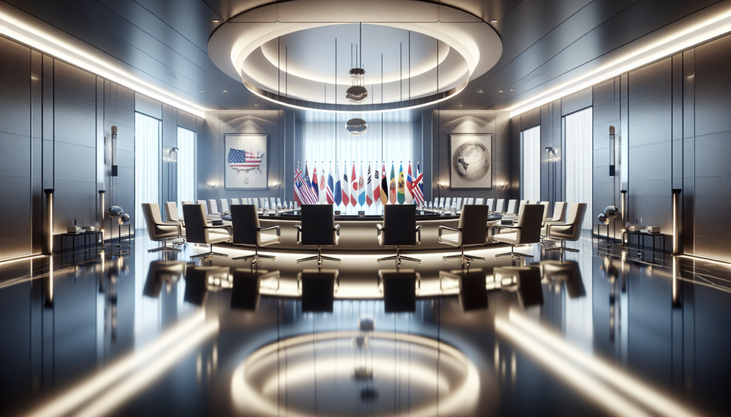 Elegant diplomatic meeting room symbolizing friendship between the UAE and Cambodia, featuring miniature flags, modern architecture, and warm lighting.