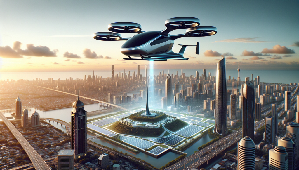 Isang elektronikong air taxi na lumilipad sa itaas ng Skyline ng Dubai, na nagpapakita ng mga makabagong tanawin tulad ng Burj Khalifa at Palm Jumeirah sa isang maliwanag na araw.