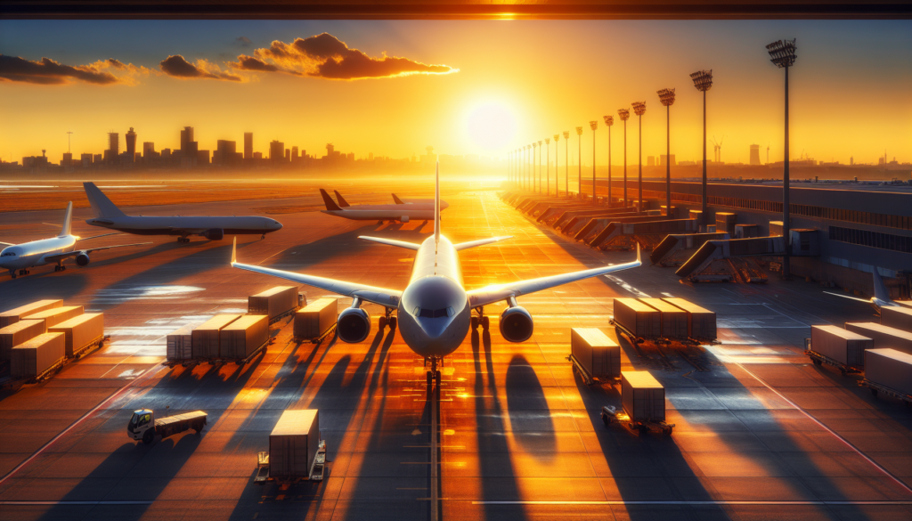 Panoramic view of Emirates Boeing 777F freighters parked on an airport runway at sunset, reflecting the Dubai skyline.