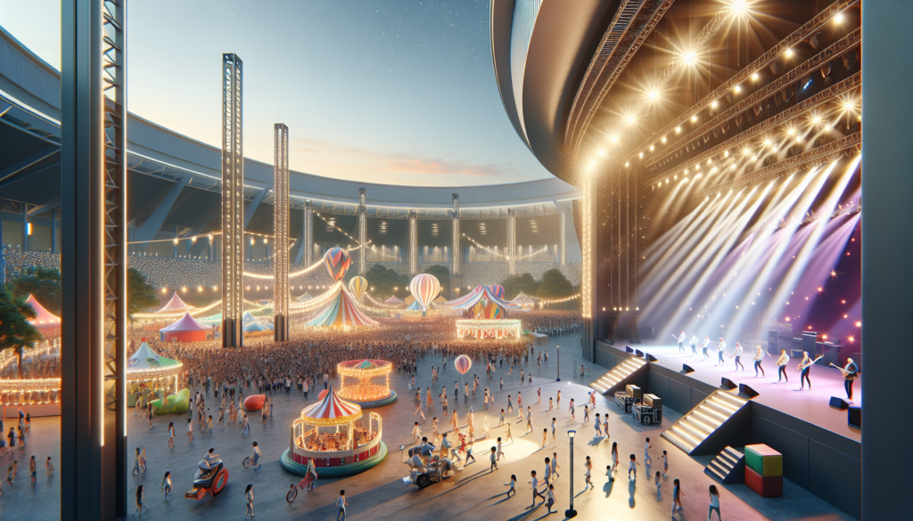 Vibrant scene from the Emirates Dubai 7s 2024 festival with Stormzy performing on stage, colorful fairground rides in the background, and a multicultural crowd enjoying the lively atmosphere.