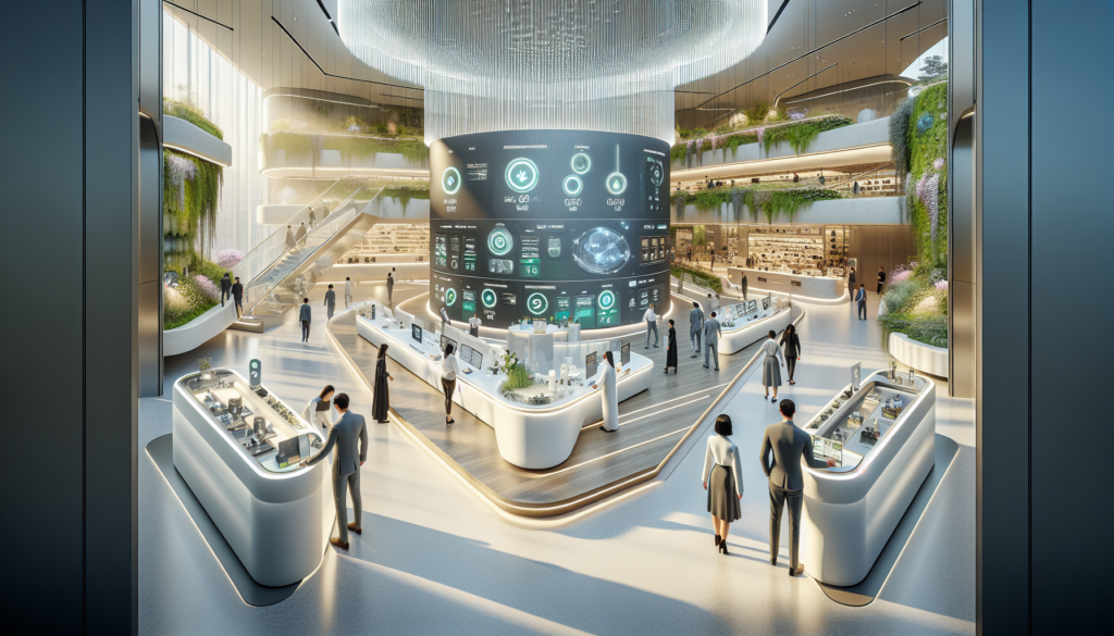 Espace retail futuriste à Dubaï avec technologie de gestion des déchets, intégration de capteurs IoT et ambiance moderne.