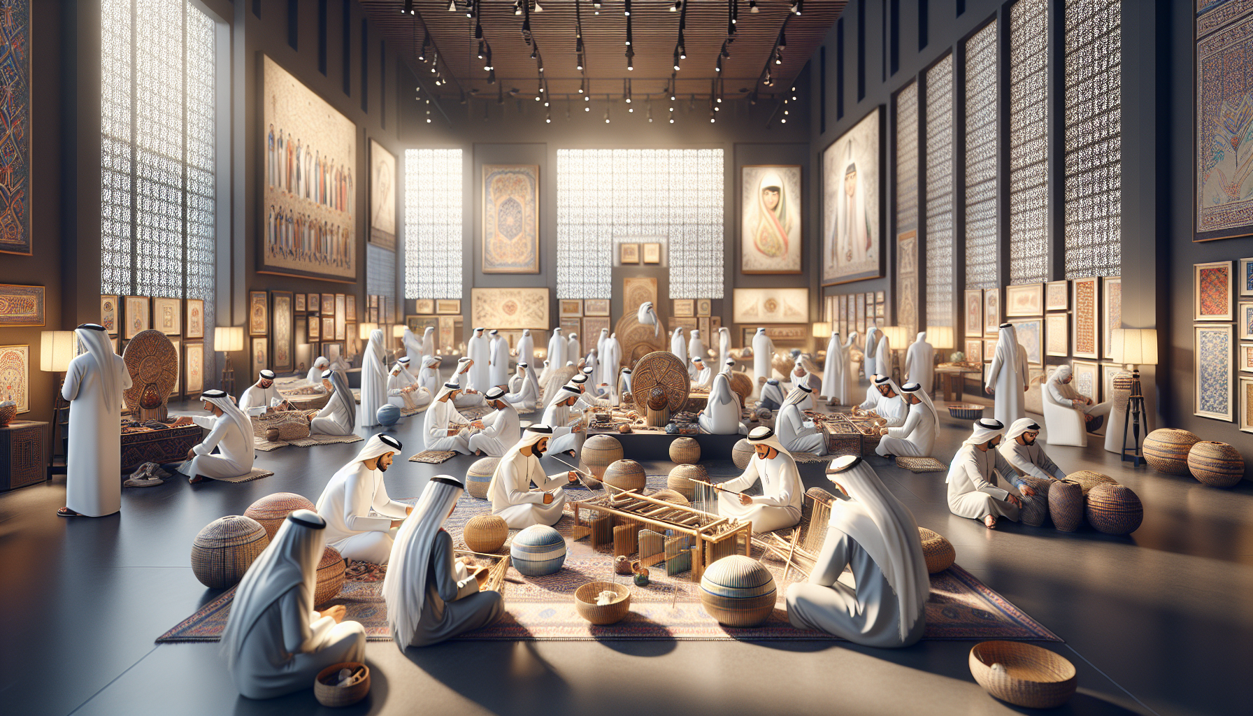 Événement culturel vibrant aux Émirats, montrant des artisans en train de tisser Al Talli et Al Khoos, entourés d'œuvres traditionnelles dans un décor moderne.