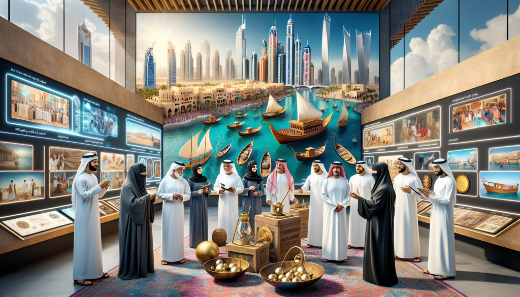 Exposition culturelle à Dubai montrant l'héritage émirati avec des artisans traditionnels et un cadre moderne.