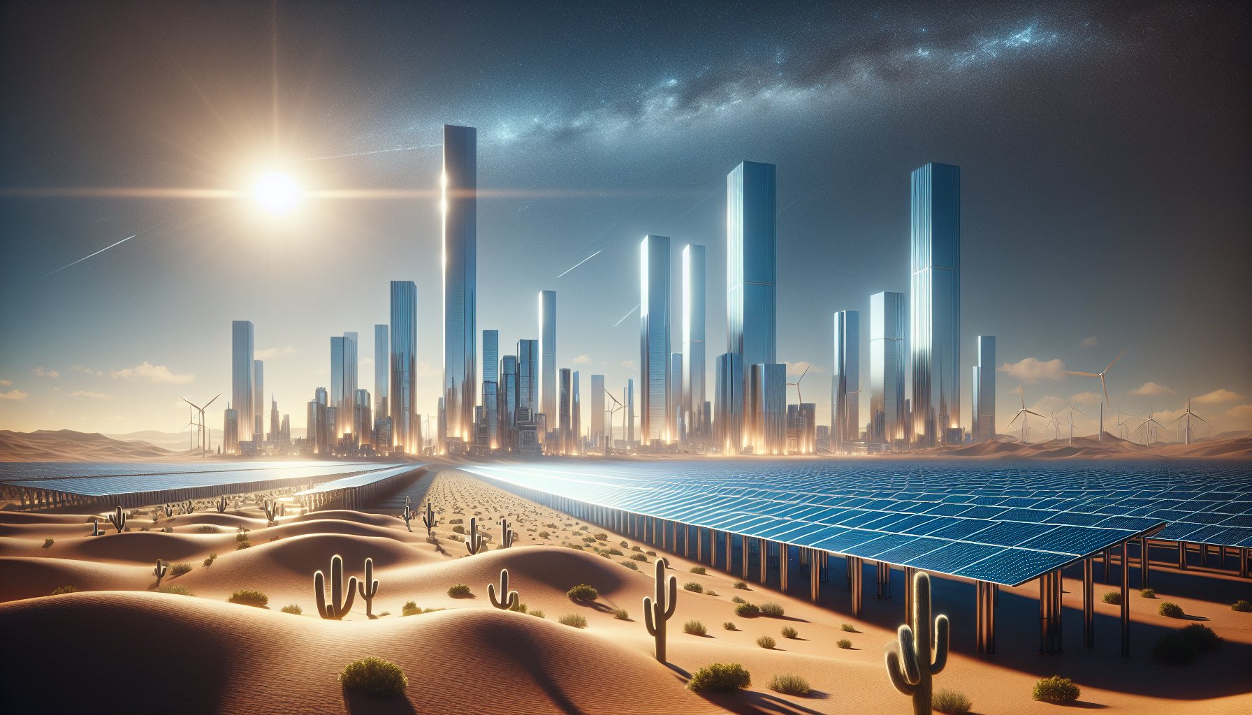 Scène futuriste d'une ferme solaire expansive dans le désert des Émirats Arabes Unis, symbolisant les initiatives d'énergie renouvelable et la transition vers un avenir durable.