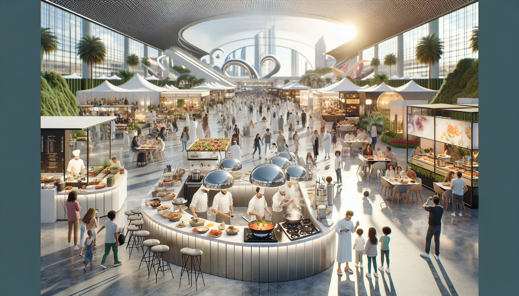 Scène d'un festival culinaire à Abu Dhabi avec des chefs célèbres, des stands élégants et une atmosphère animée.