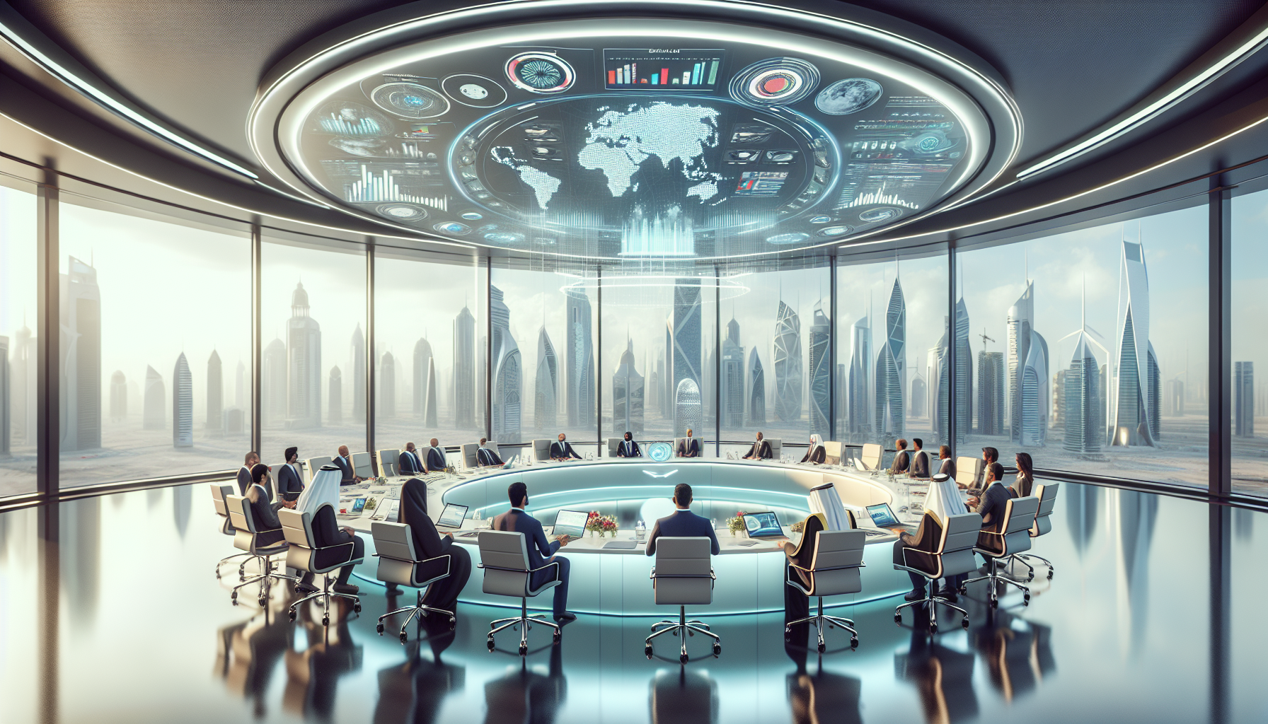Futuristic conference room in the UAE with diverse business leaders discussing sustainable development strategies, featuring holographic displays and a modern city skyline.