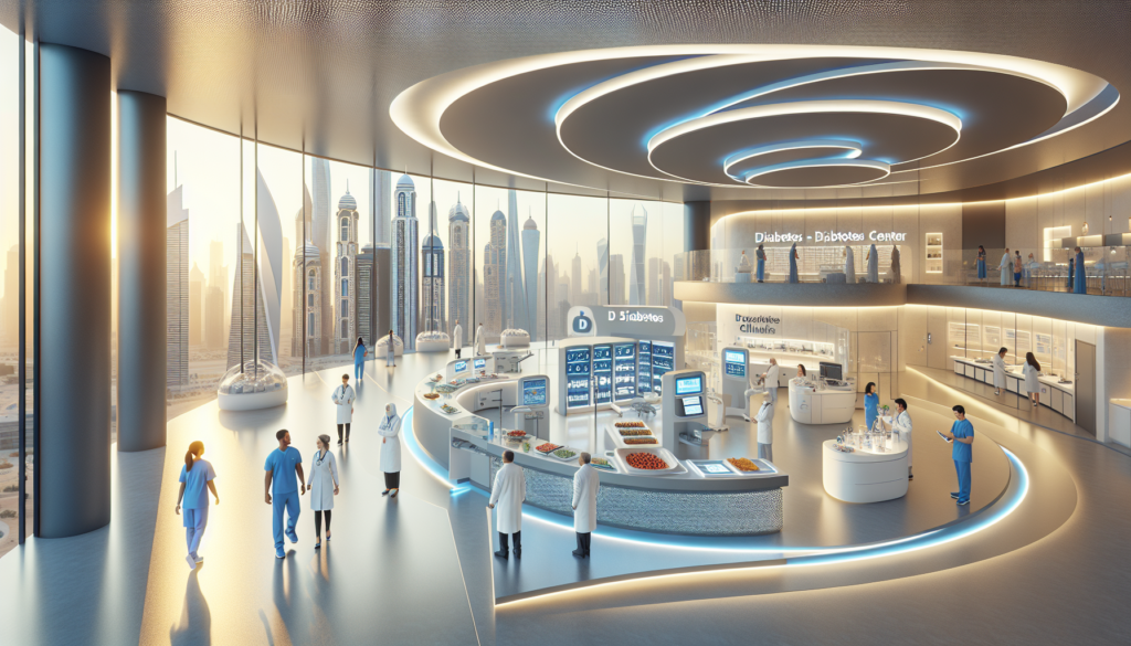 A futuristic diabetes healthcare center in Dubai showcasing advanced medical technology, spacious interiors, and patients interacting with AI-driven equipment against the iconic skyline.