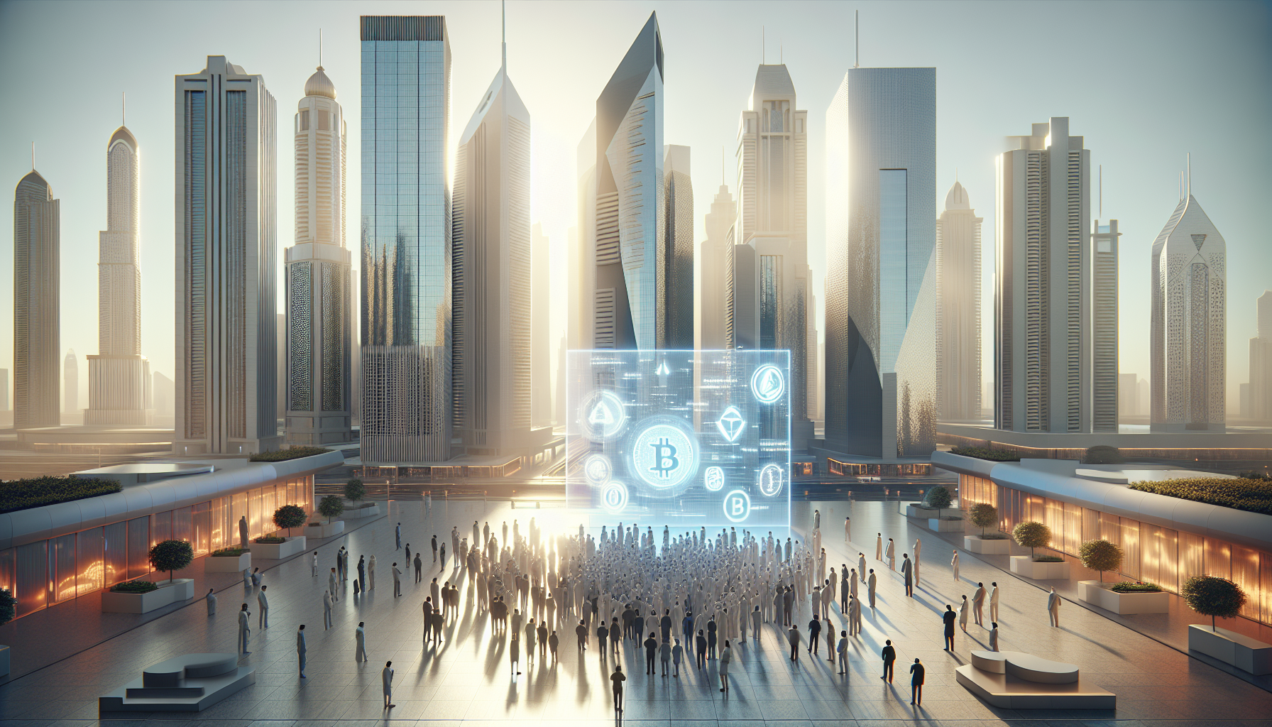 Futuristic Dubai financial district showcasing diverse people around a digital screen with cryptocurrency symbols, under clear sunny skies.