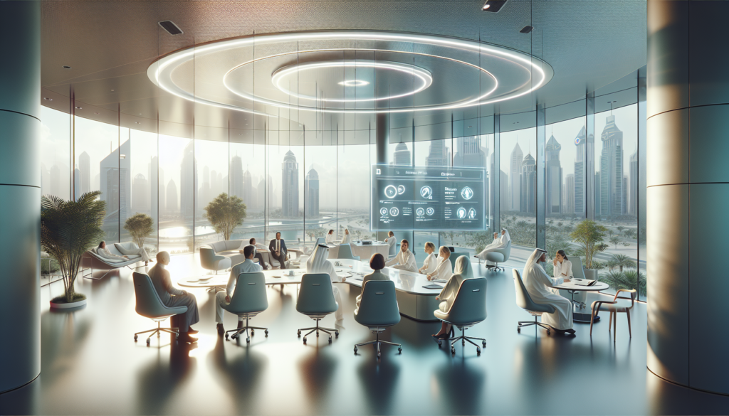 A futuristic office in Dubai showcasing a diverse group discussing a mental health initiative with modern furnishings and natural light.
