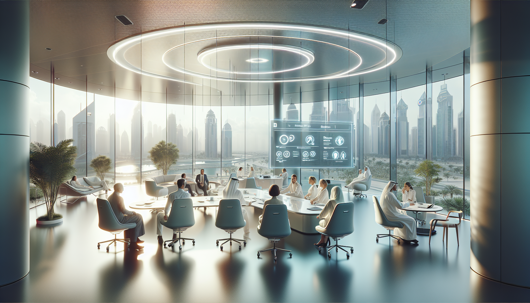 A futuristic office in Dubai showcasing a diverse group discussing a mental health initiative with modern furnishings and natural light.