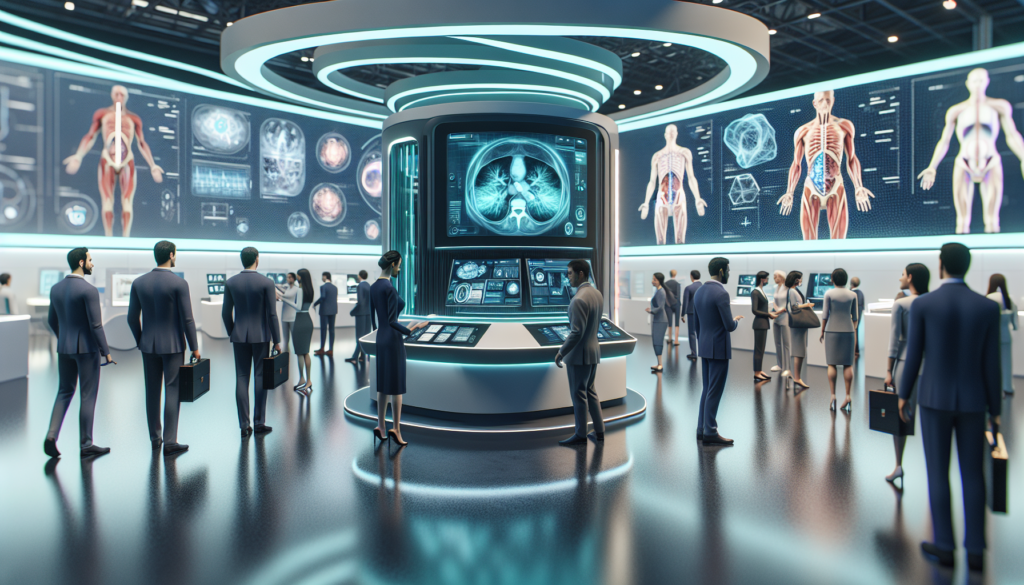 Futuristic healthcare exhibition at Dubai World Trade Centre showcasing advanced medical technology and digital health innovations.