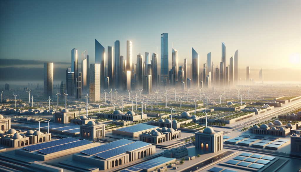 Futuristic cityscape in the UAE showcasing a blend of traditional and modern architecture with renewable energy sources like solar panels and wind turbines.