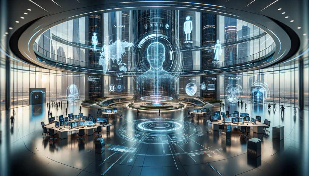 Futuristic office environment in the UAE showcasing advanced AI technology, holographic displays, and modern design with soft blue and silver lighting.