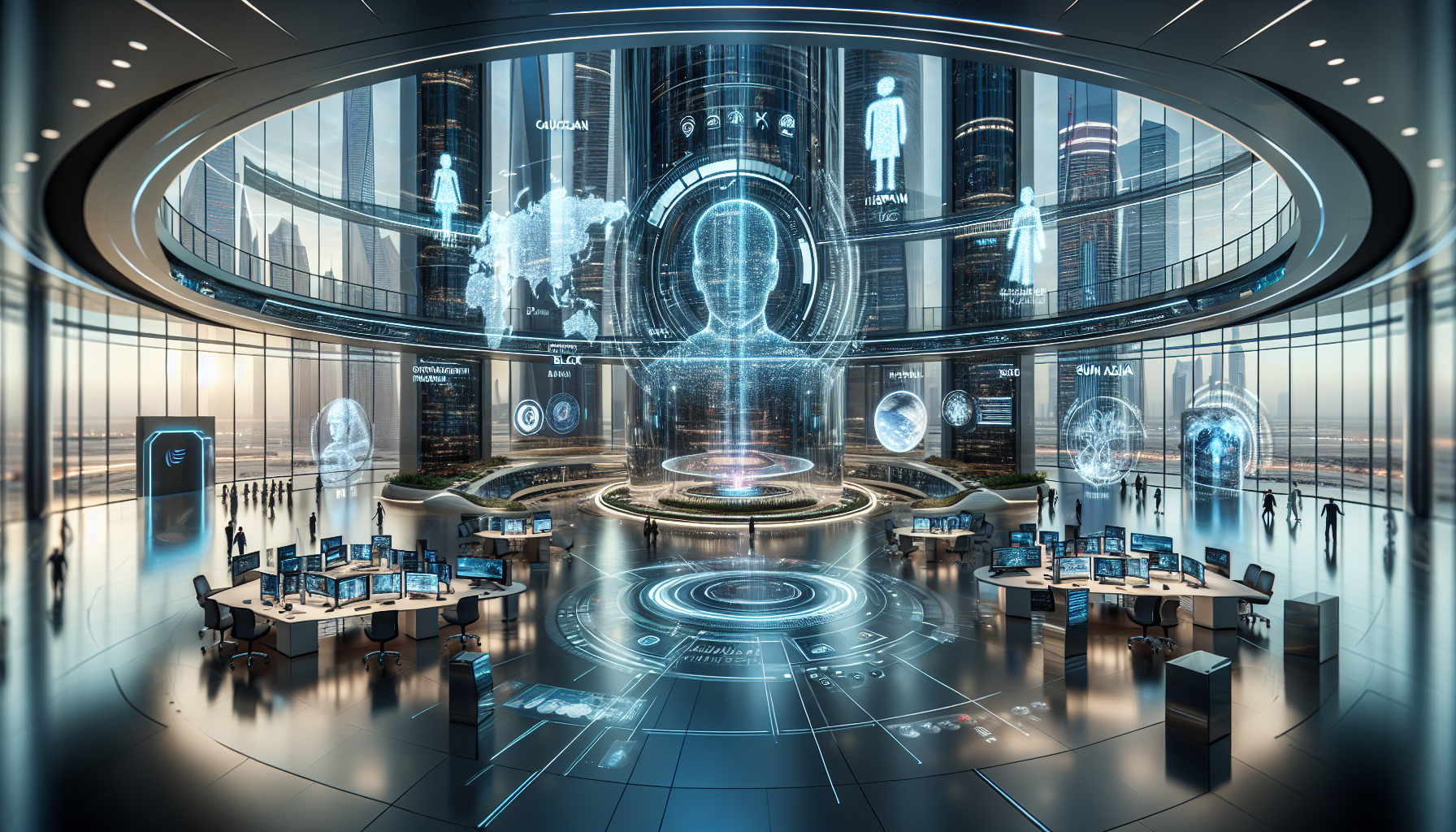 Futuristic office environment in the UAE showcasing advanced AI technology, holographic displays, and modern design with soft blue and silver lighting.