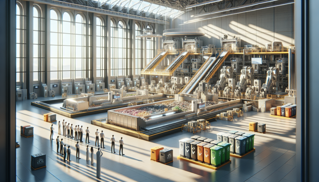 A futuristic waste management facility in the UAE with advanced recycling technology, showcasing robotic arms and solar-powered bins, as a tour group observes sustainable practices.