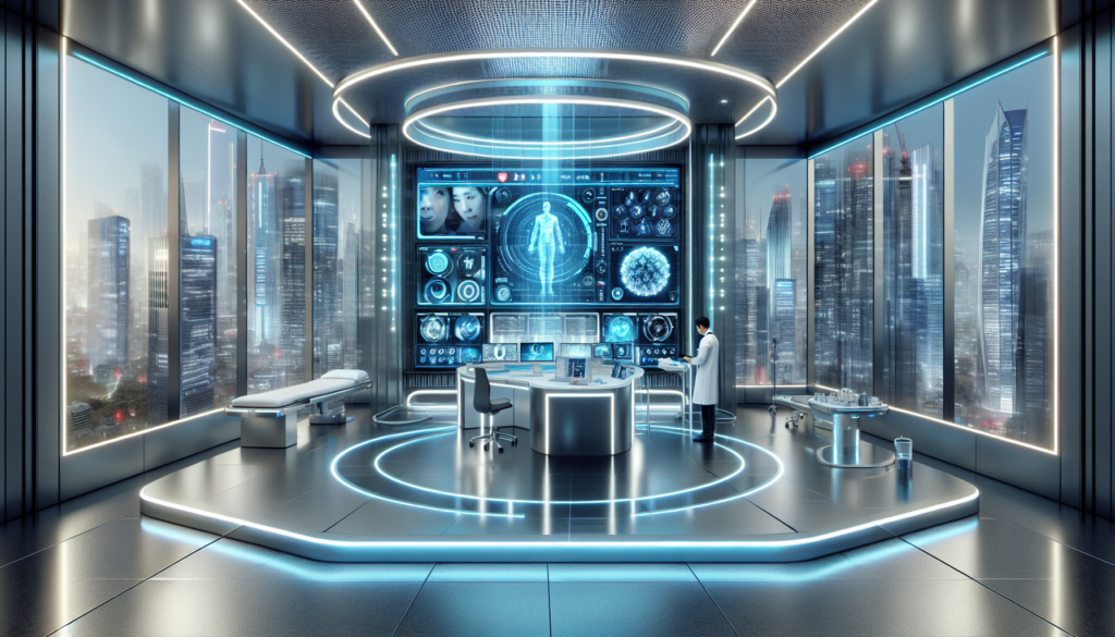 Futuristikong sentrong medisinang nagpapakita ng digital na inisyatibong pangkalusugan na may holographic na interface at telemedicine.