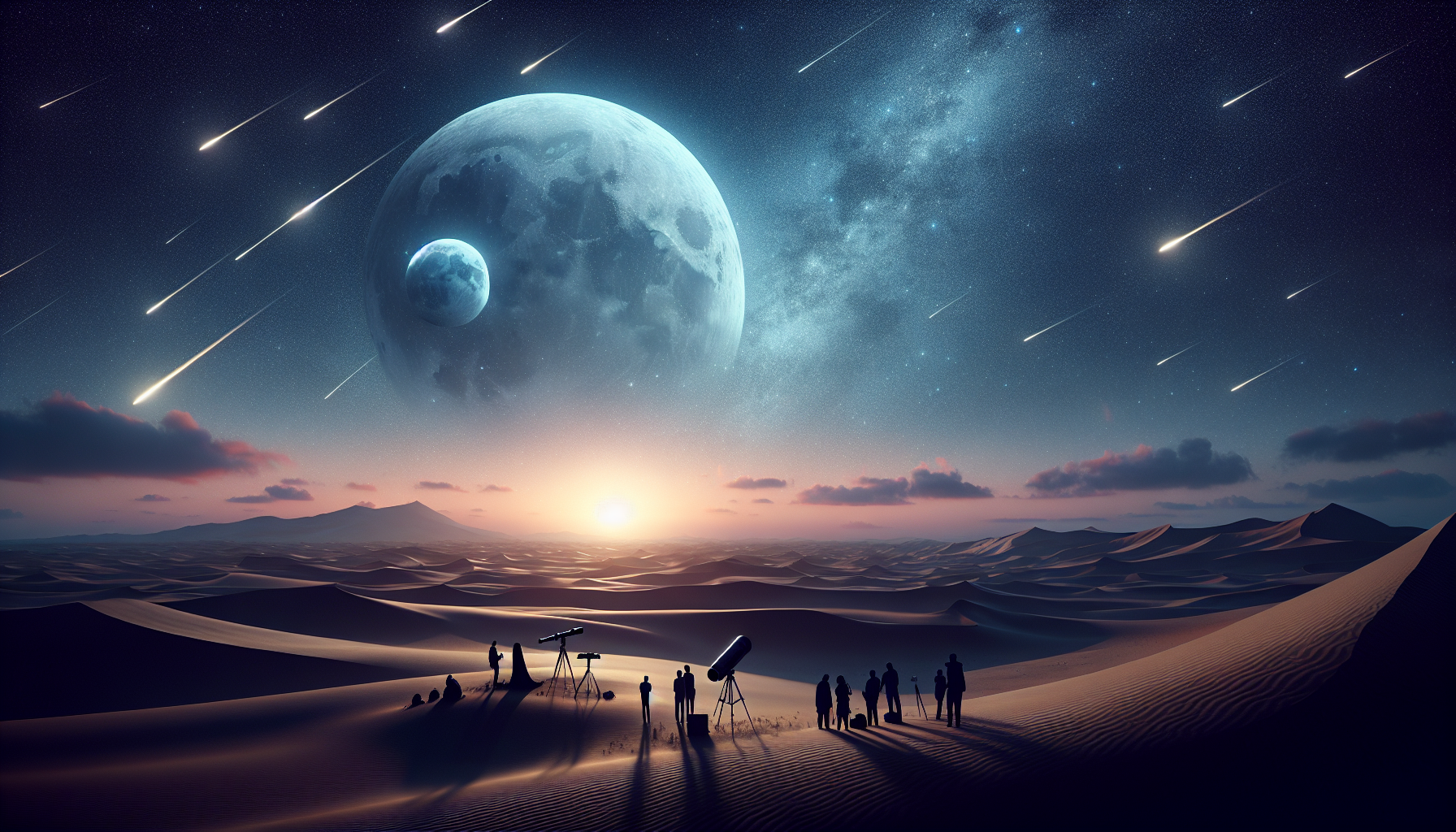 Gabi ng Beaver Moon sa Al Qudra Desert na nagtatampok ng meteors mula sa Leonids meteor shower at mga tao na nanonood gamit ang telescopes.