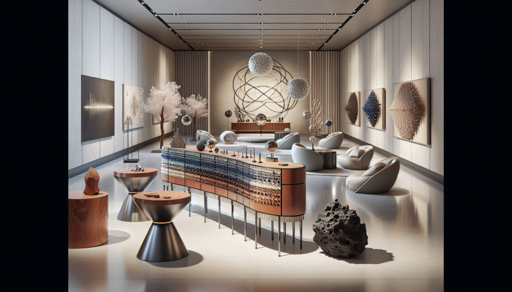 Intérieur sophistiqué d'une galerie d'art à Dubaï pendant l'exposition 'Frequency' avec des installations modernes et un éclairage ambiant.