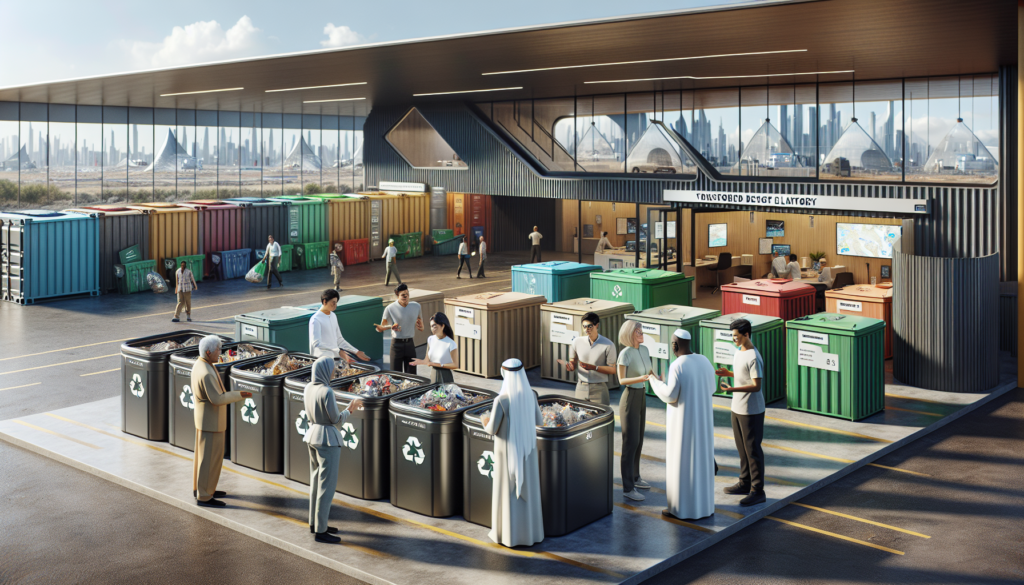 Vue du complexe de gestion des déchets à Hatta, montrant des conteneurs de tri colorés, des membres de la communauté participant à un exercice de tri et une architecture moderne reflétant les objectifs de durabilité de Dubaï.