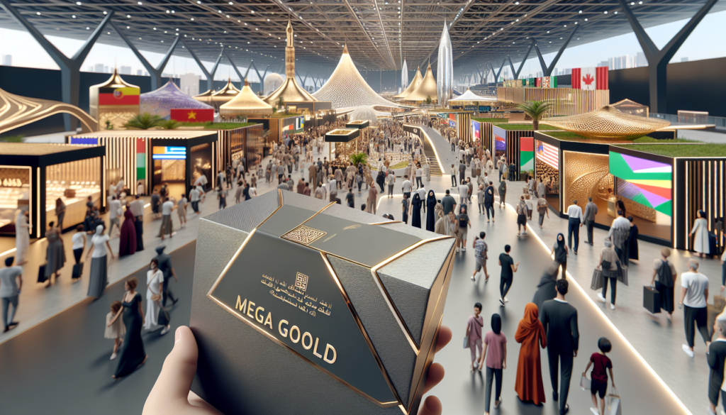 Scène vibrante au Global Village de Dubaï lors du lancement de la Saison 29, avec des packs VIP 'Mega Gold' et 'Mega Silver' en avant-plan et des visiteurs explorant les pavillons.
