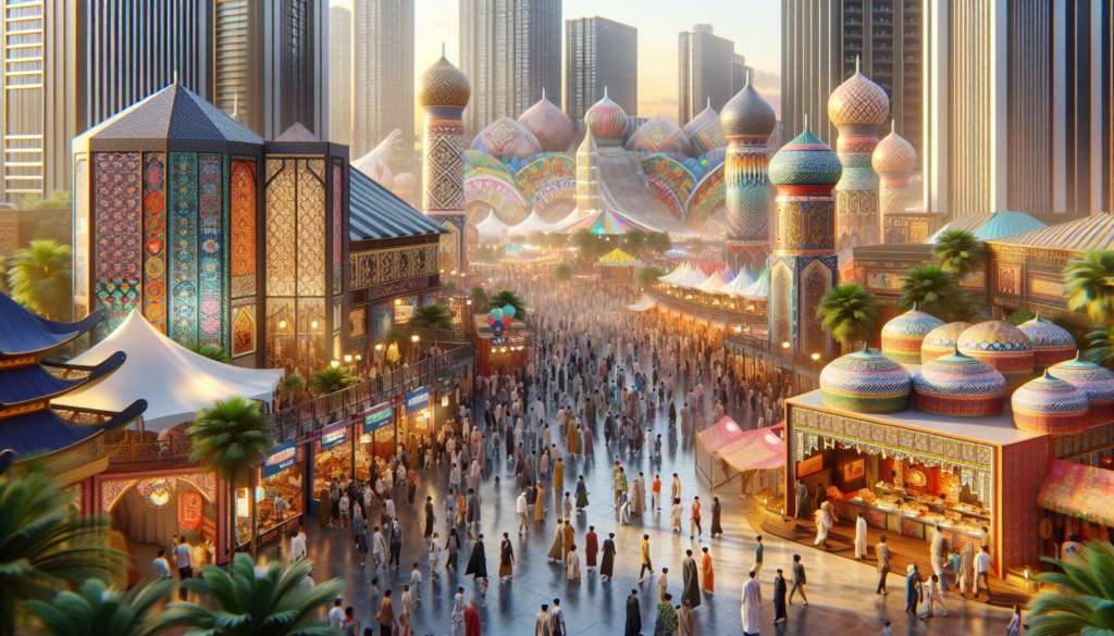Makulay na tanawin sa Global Village sa Dubai, na nagtatampok ng iba't ibang kultura mula sa Jordan, Iraq, at pinagsamang Sri Lanka at Bangladesh habang ang mga bisita ay nag-eenjoy sa mga tradisyonal na pagkain at mga handog na sining.