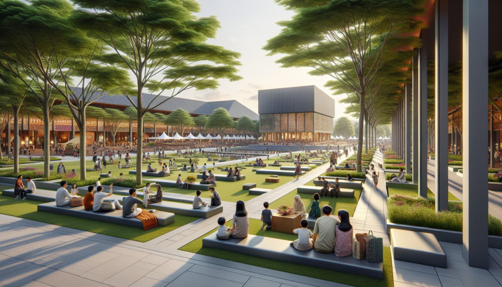 Promenade animée au Global Village lors de la saison 29, avec des familles se reposant et des pavillons culturels en arrière-plan.