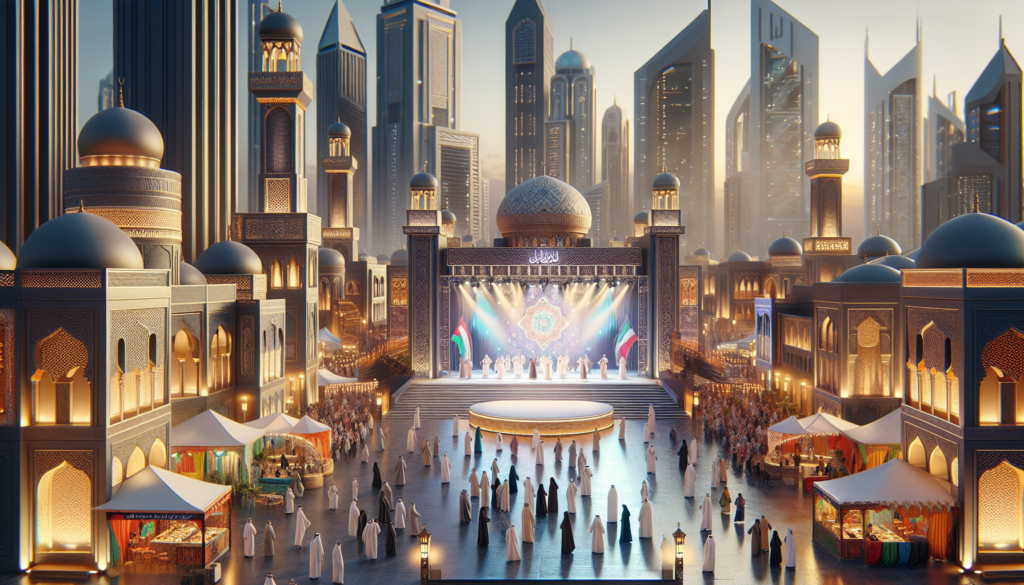 Makulay na eksena sa Global Village Season 29 sa Dubai na nagpapakita ng mga pavilion ng Iraq, Jordan, at Sri Lanka & Bangladesh sa ilalim ng banayad na ilaw.