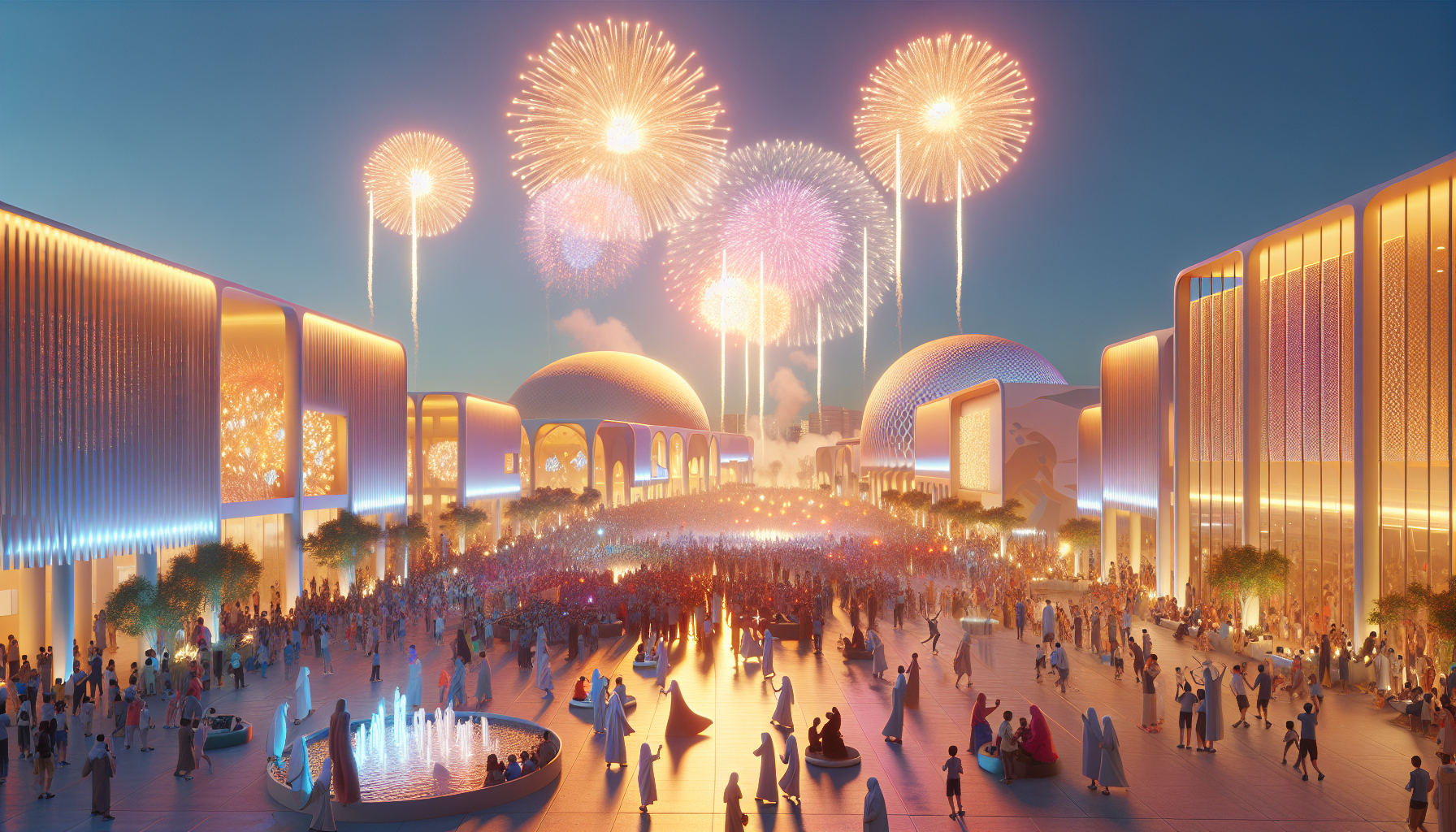 Gabi sa Global Village sa Dubai na ipinagdiriwang ang Union Day na may makulay na dekorasyon at naglalakihang paputok sa langit.